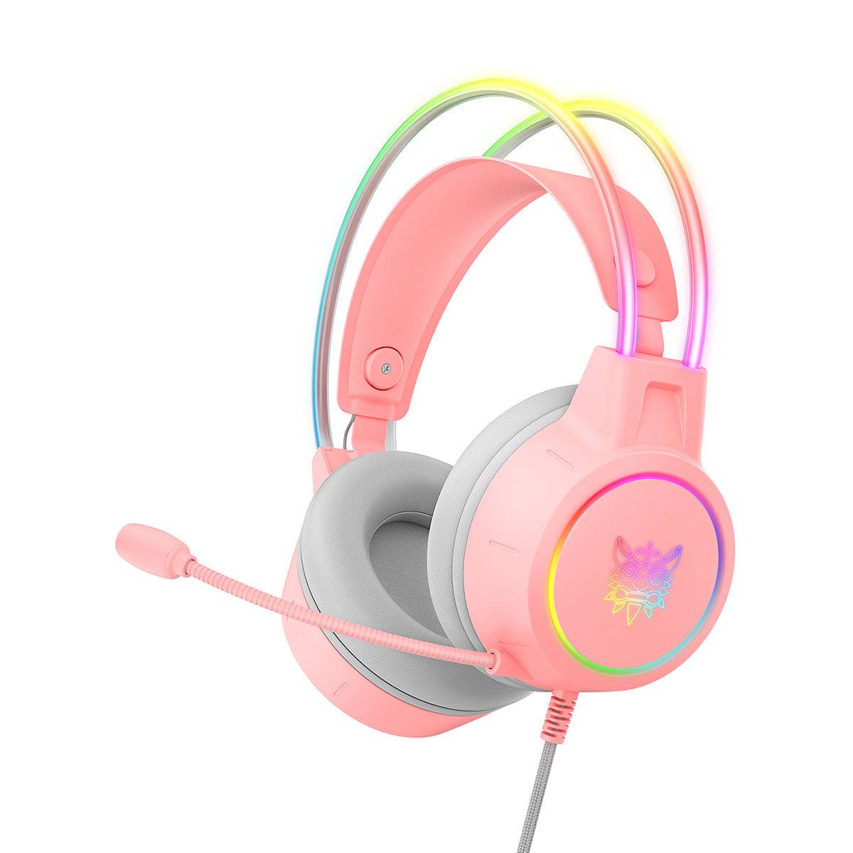 ONIKUMA X15 Pro RGB Double-Head Beam Wired Gaming Headset in pink with vibrant RGB lighting, noise-canceling mic, and ergonomic ear cushions.